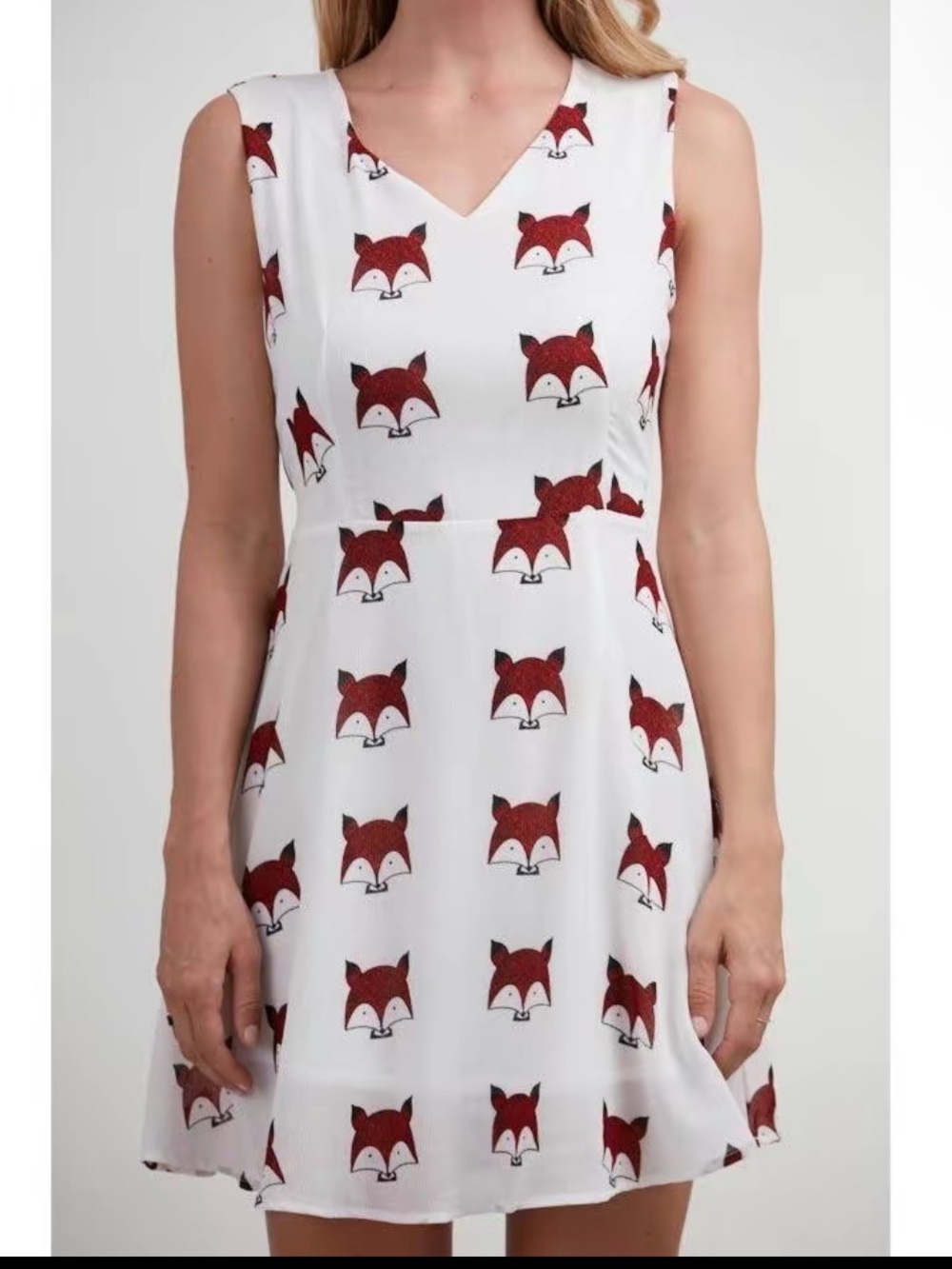 Sm Wardrobe V-neck white fox Print Dress Size XL Sleeveless Mini shift  NWT